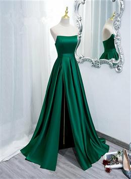 Picture of Green Satin Simple Long Party Dresses with Leg Slit, Green A-ine Junior Prom Dresses